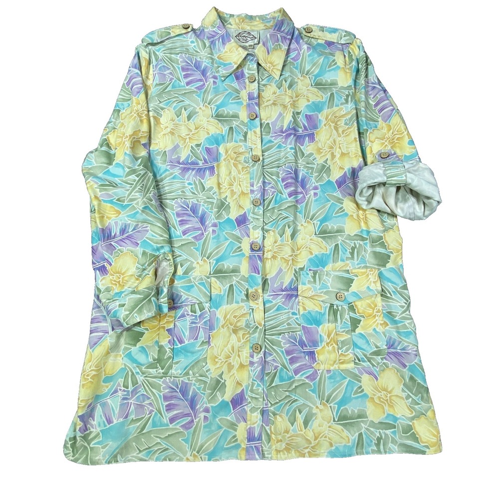 Vintage Diane Gilman Blouse 100% Silk Tropical Button Front Womens 18W 90s Boho